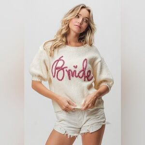 BiBi Metallic Letter Short Puff Sleeve Hairy Sweater